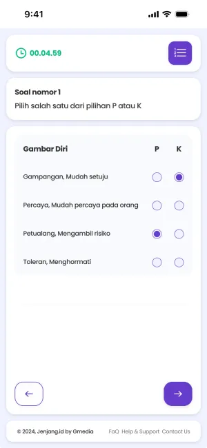 Kepribadian question with P and K columns on a phone