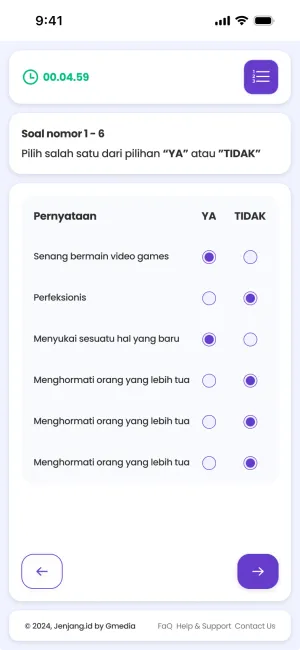 Minat Bakat question with Yes and No columns on a phone