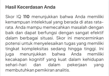 Your Intelligence Result: IQ score explanation on the result screen