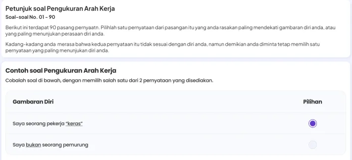 Arah Kerja instructions and sample question on desktop